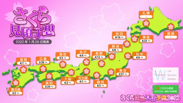 ライフビジネスウェザー発表、2022年1回目の桜見頃予想