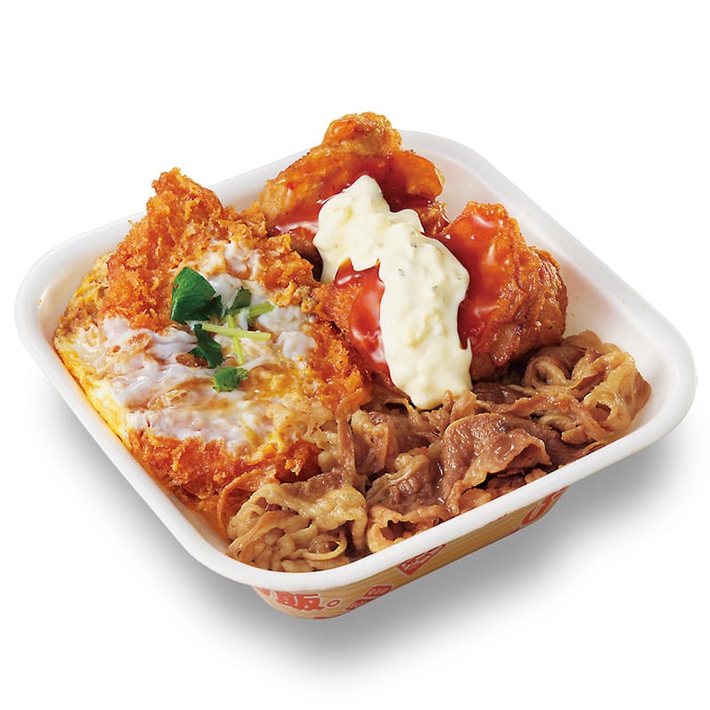 テイクアウト用牛・豚・鶏のトリプルカツ丼弁当 H（ヘビー）：890円（税込961円）